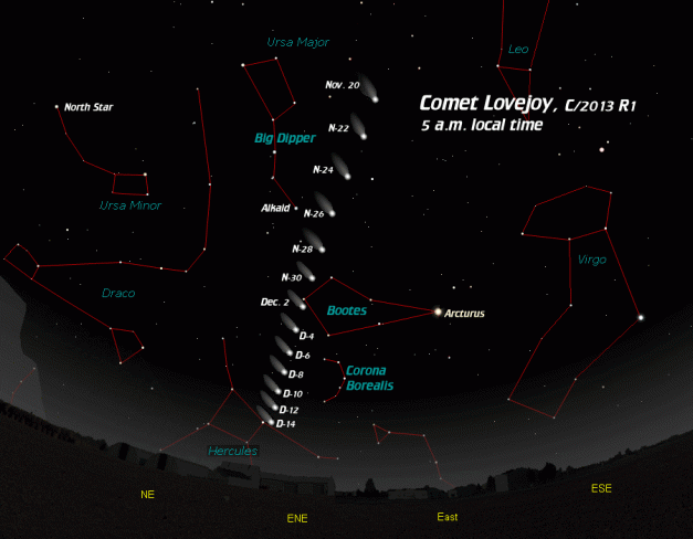 mappa di visibilità della cometa Lovejoy fino al 14 dicembre tratta dal sito www.astronomy.org 