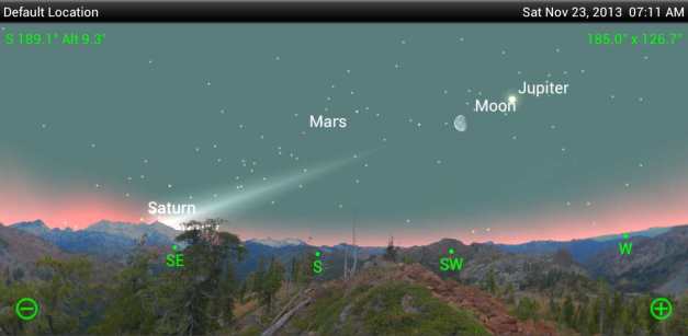 il 23 novembre ormai ben visibile ad occhio nudo nel cielo chiaro dell'alba, la magnitudine dovrebbe essere negativa e a completare il quadretto, marte la luna calante e Giove