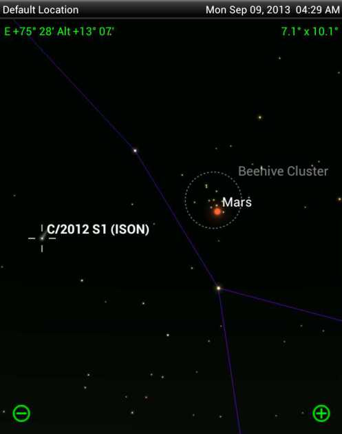 il 9 settembre la cometa potrebbe  brillare attorno alla mag. 12 in congiunzione con Marte nell'ammasso stellare del Presepe
